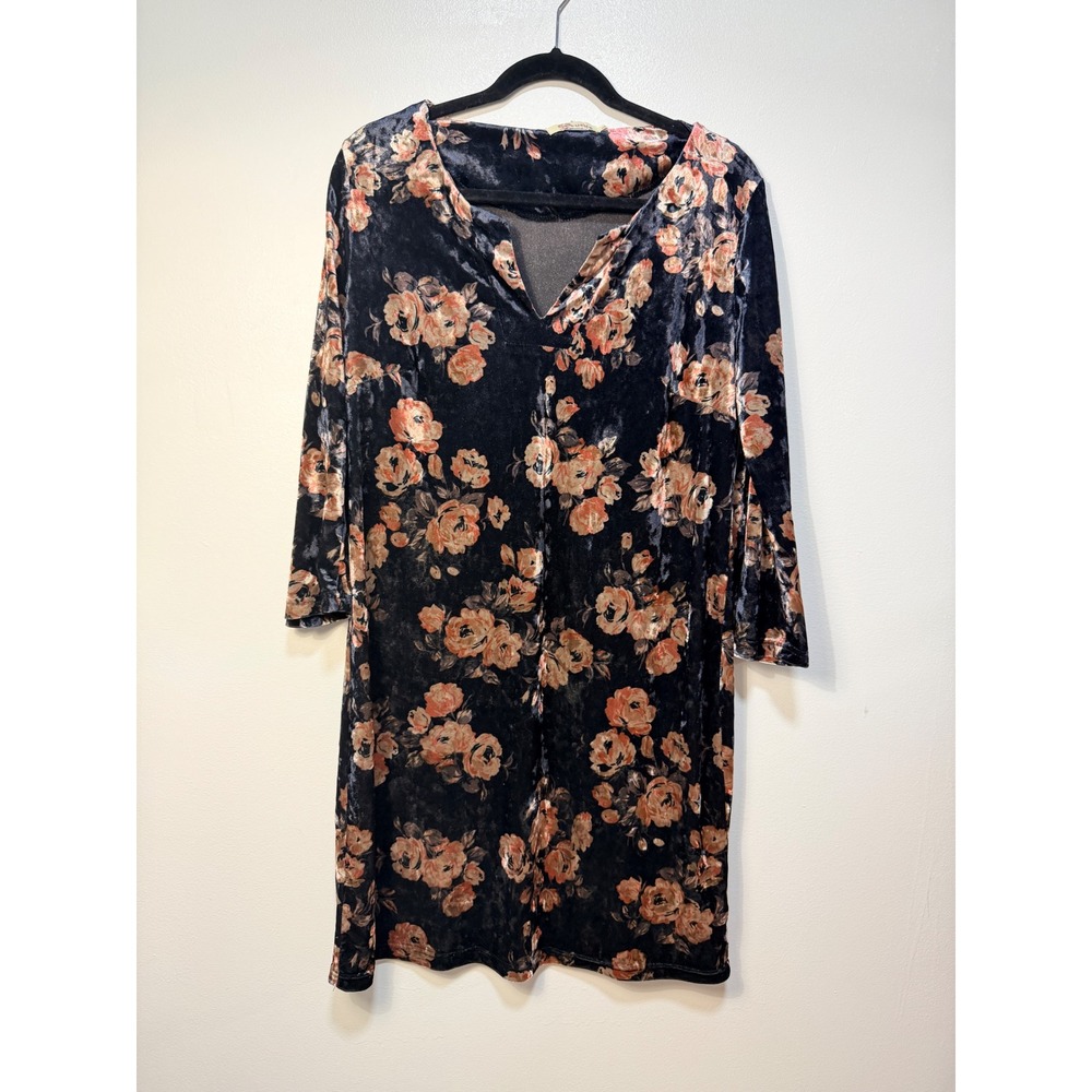 Aryeh Dress Size Large Blue Floral Crushed Velvet V-Neck Bell Sleeve Shift Dress